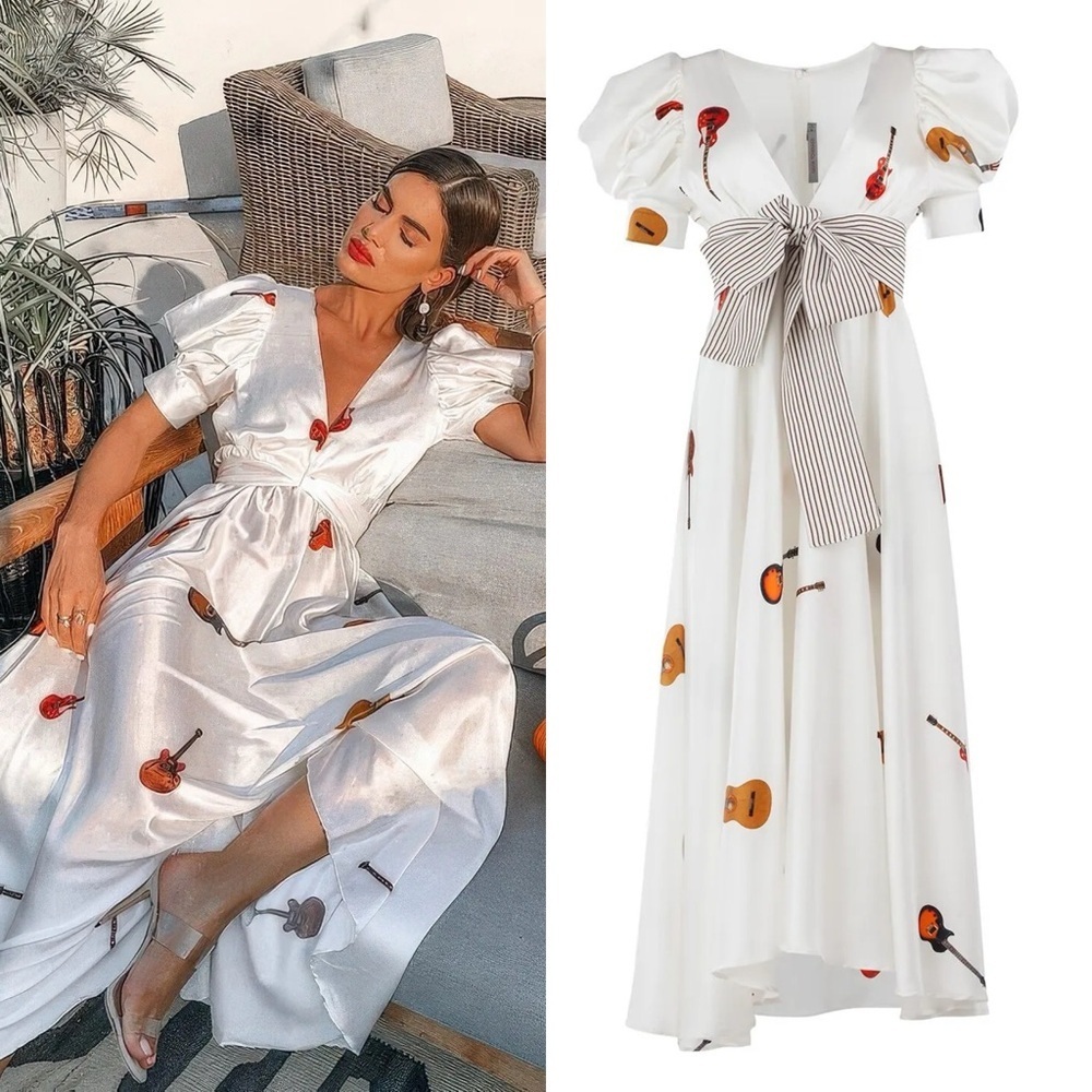 SILVIA TCHERASSI Tortoreto Guitar Silk Maxi Bow Dress White Sz XS